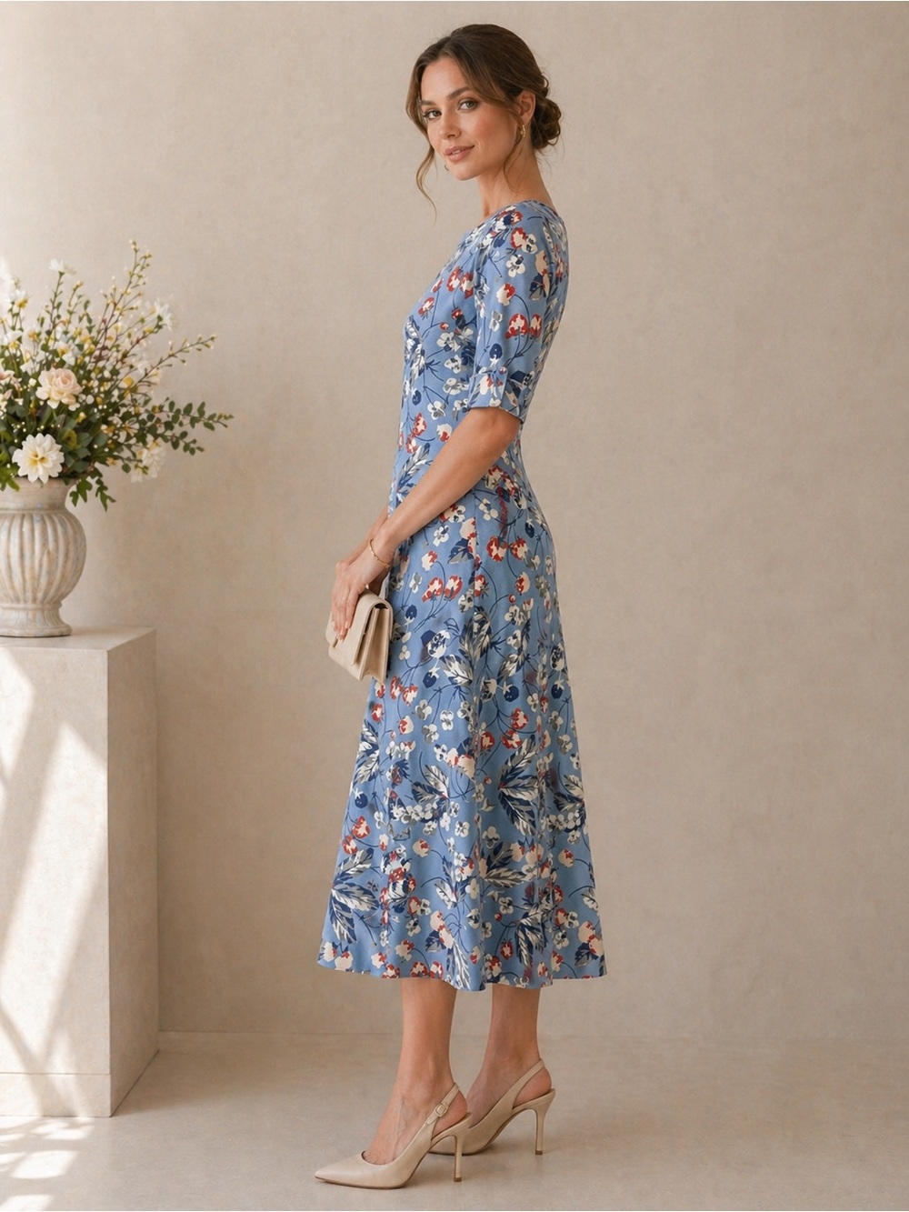 Lauren Ralph Lauren Floral Midi Dress Dusty Blue Wedding Guest Fit Flare Sz L